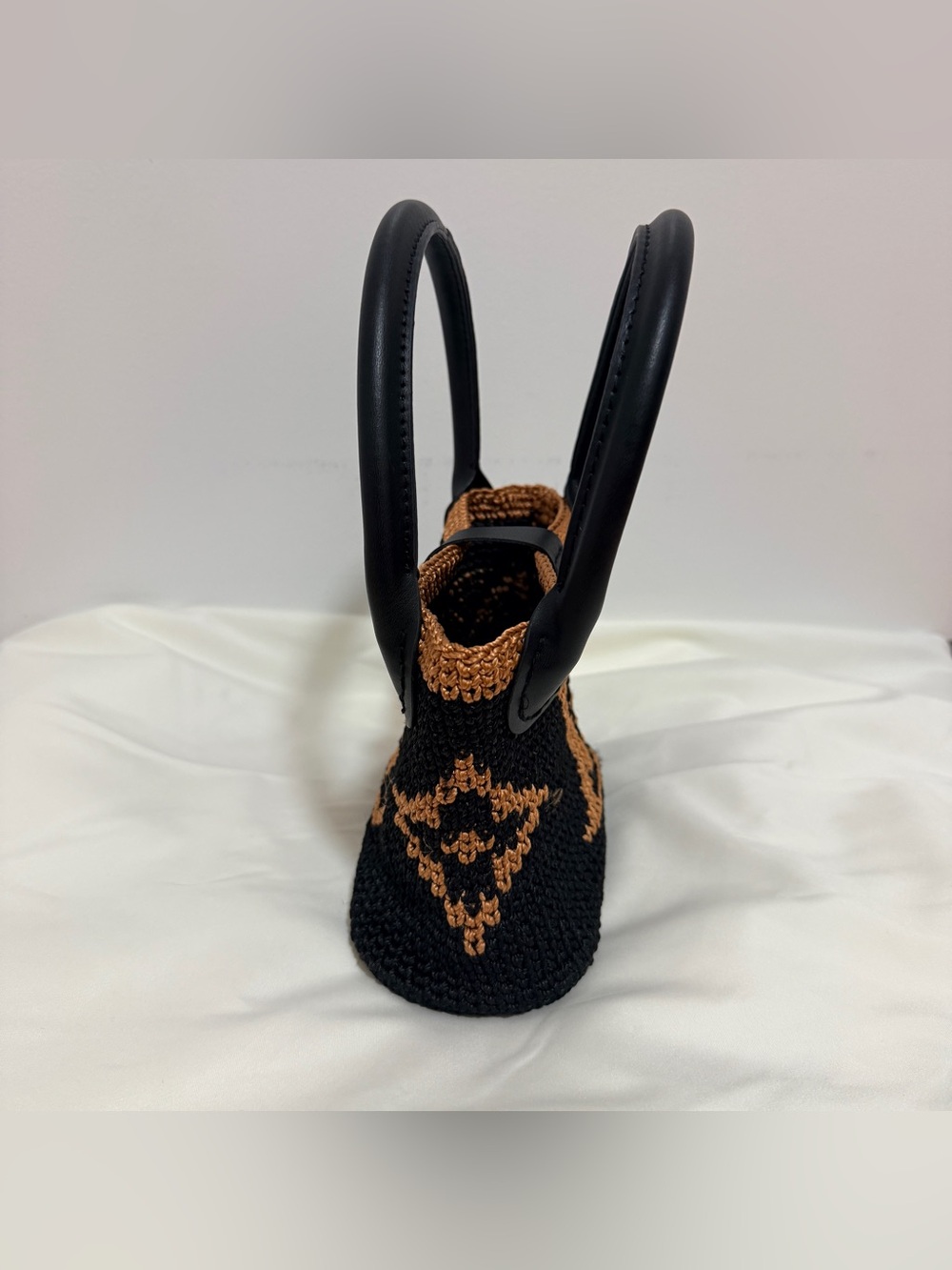 Handmade Black and Brown Crochet Small Handbag with Handles